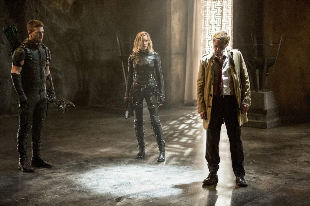 Arrow -- "Haunted" -- Image AR404B_0226b.jpg -- Pictured (L-R): Stephen Amell as The Arrow, Katie Cassidy as Black Canary and Matt Ryan as Constantine -- Photo: Cate Cameron/ The CW -- ÃÂ© 2015 The CW Network, LLC. All Rights Reserved.