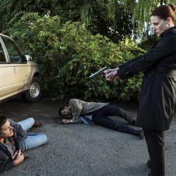 Supernatural -- "Keep Calm and Carry On" -- SN1201a_0145.jpg -- Pictured (L-R):  Jensen Ackles as Dean, Misha Collins as Castiel and Bronagh Waugh as Ms. Watt -- Photo: Katie Yu/The CW -- ÃÂ© 2016 The CW Network, LLC. All Rights Reserved