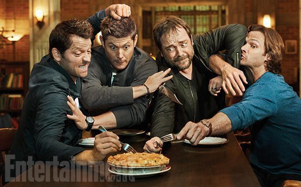 SUPERNATURAL Misha Collins, Jensen Ackles, Mark Sheppard and Jared Padalecki photographed on the Supernatural set in Vancouver, Canada on August 23, 2016 Photograph by Matthias Clamer Hair: Jennifer Manton; Makeup: Trisha Porter; Wardrobe: Kerry Weinrauch; Props: Karolina Grant; Production: Susan Milne